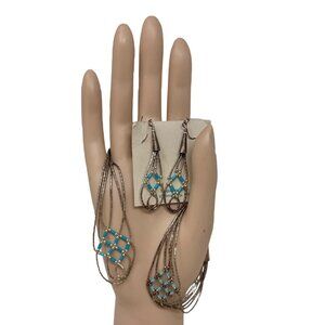 Native American Liquid Silver Turquoise Necklace‎ 3 Pc Jewelry Set 925 Sterling